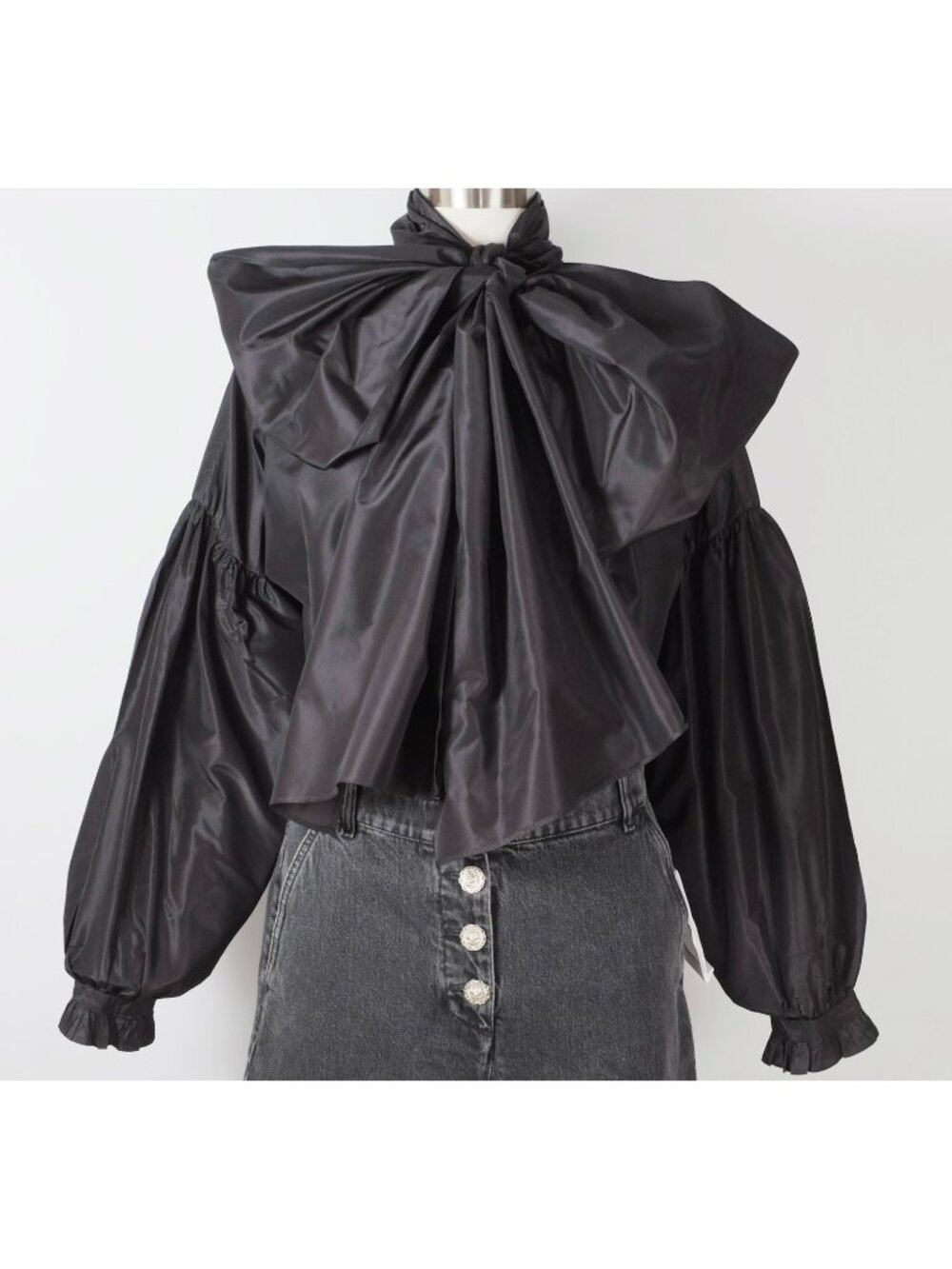 ETRO bow blouse black 44 US 8 silk taffeta $1325 peasant sleeves oversized